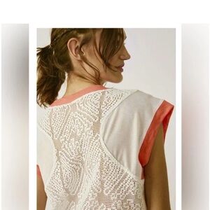 Free People FP Movement Good Sport Crop Tee Sz Med White and Coral Lace Back Top